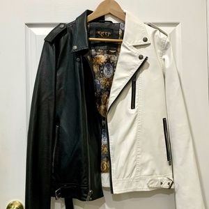 Men’s black and white faux leather biker jacket (M)